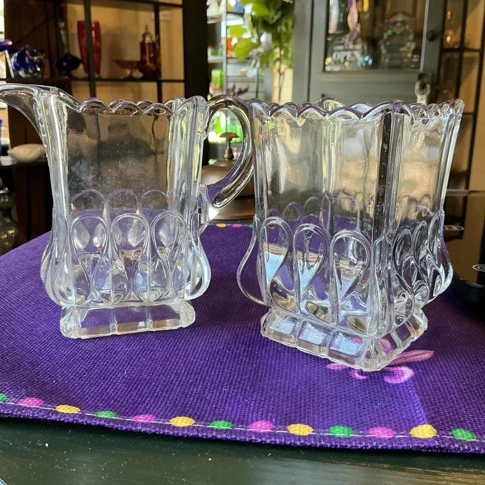Adams Crystal Wedding Spooner And‎ Creamer EAPG Clear Glass 1890 Antique
